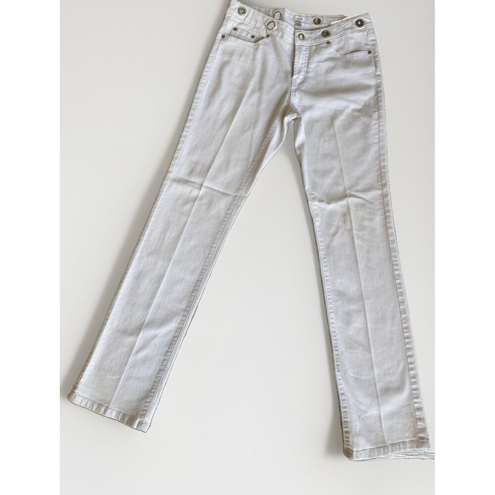 Cache Y2K White Jeans Size 4 Rhinestone Grommet Low Rise Straight Leg Bling
